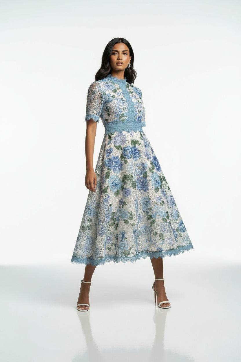 MARC ANGELO Lace Midi Dress - Blue Floral