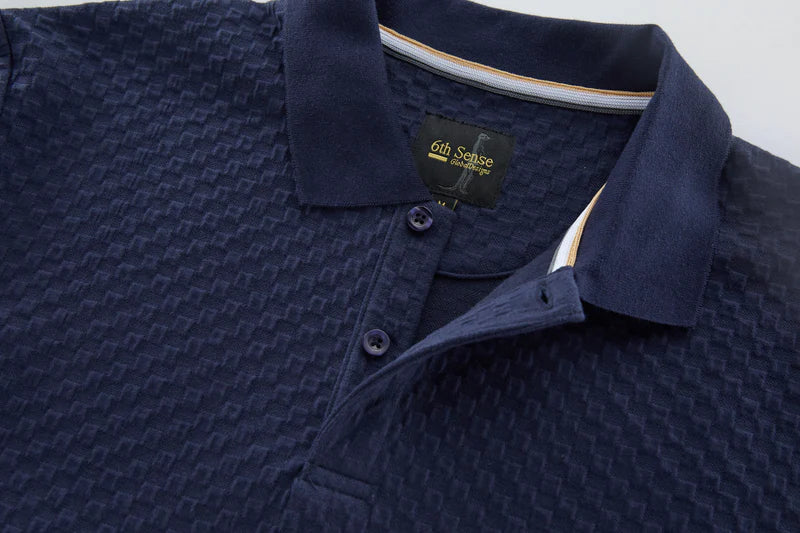 6TH SENSE Jacq Textured Short Sleeve Polo Shirt - Navy