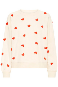 ICHI Kasura Crew Neck Heart Sweatshirt - Cream/Coral