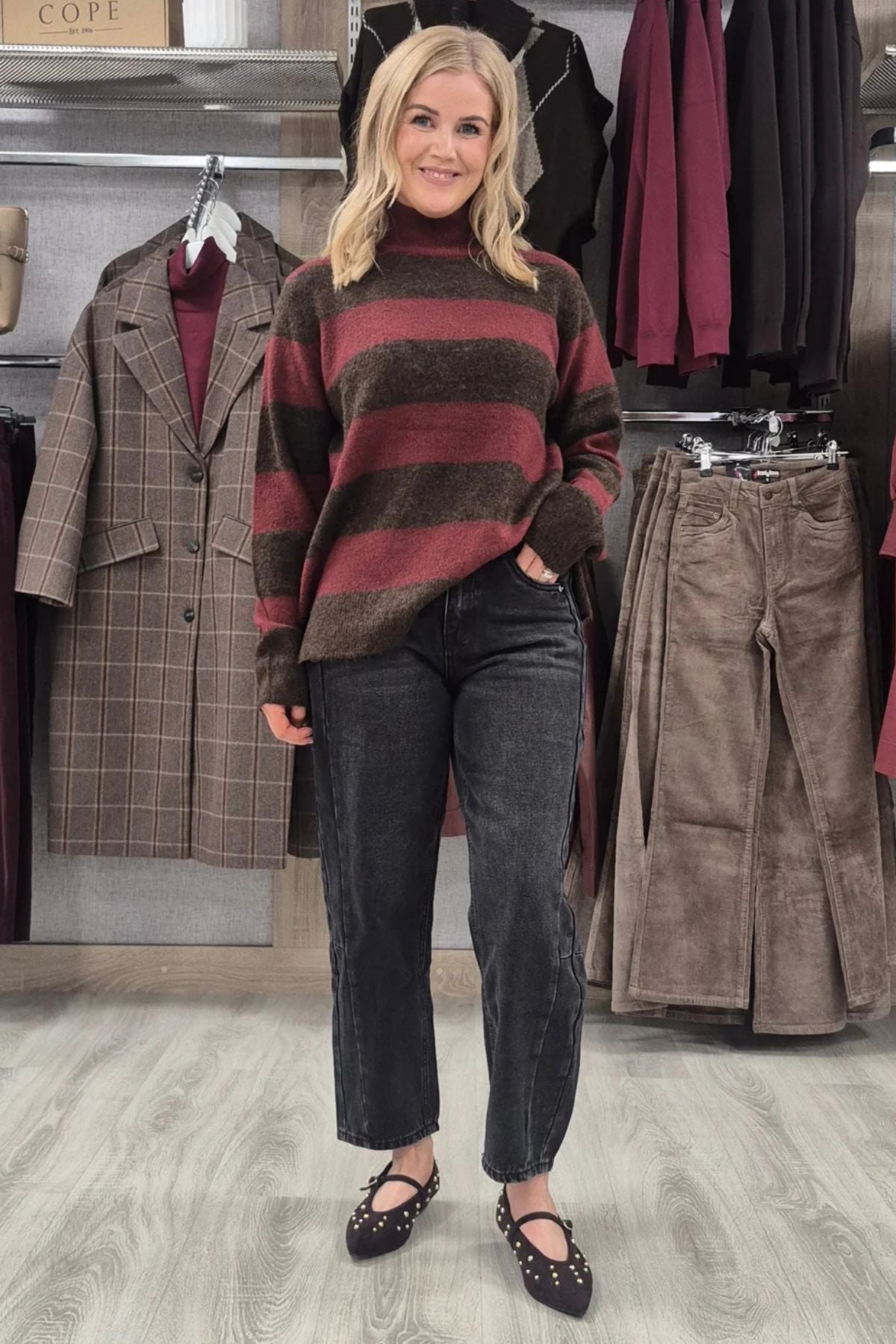ICHI Edeen Long Sleeve Jumper - Burgundy Stripe