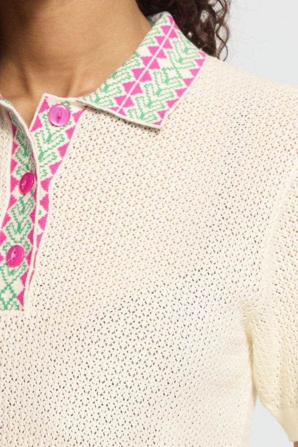 ICHI Dotia Short Sleeve Knitted Polo - Birch