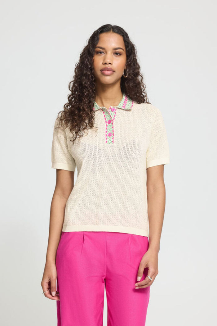 ICHI Dotia Short Sleeve Knitted Polo - Birch
