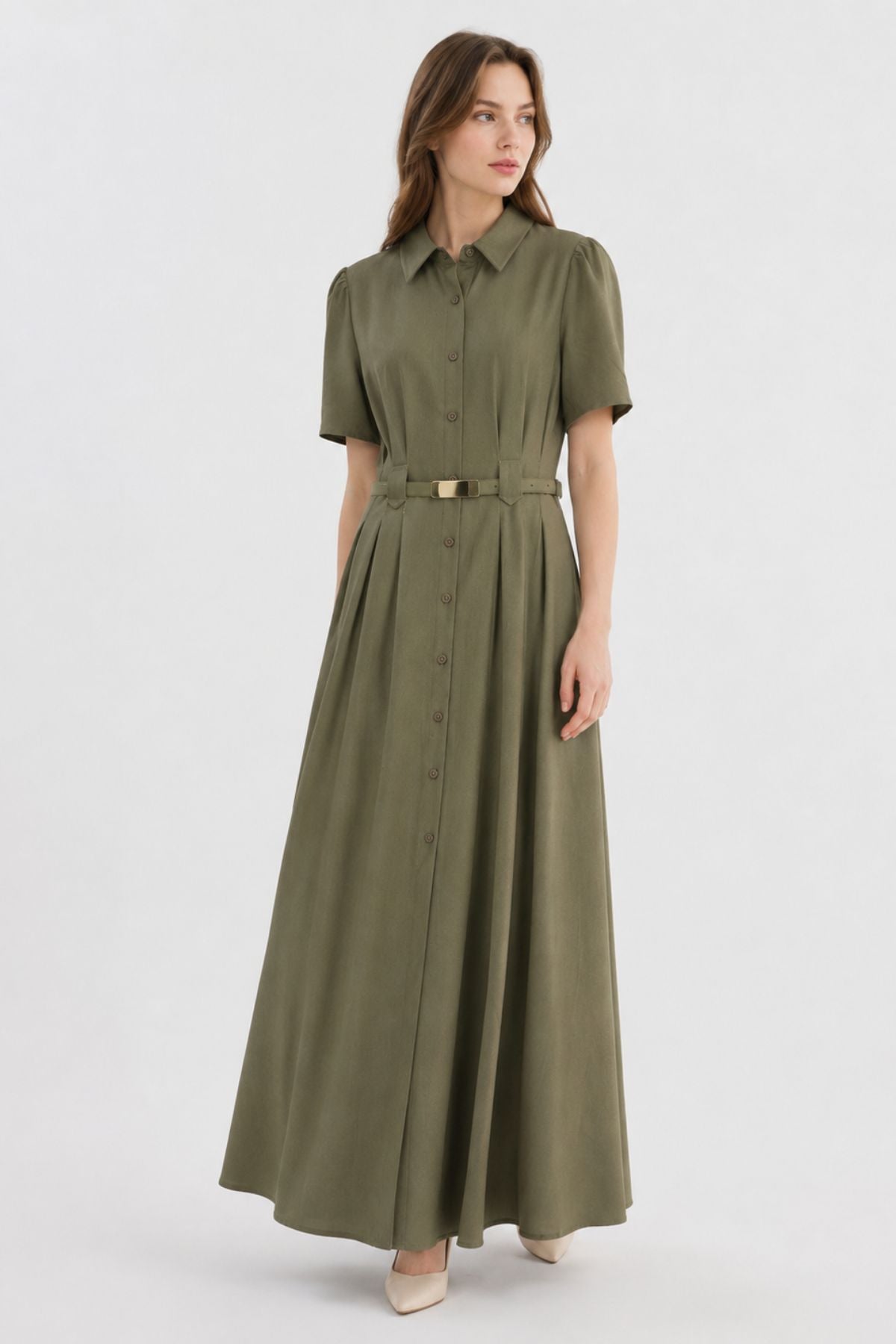 COPE CLOTHING Long Pleated Shirt Dress - Khaki