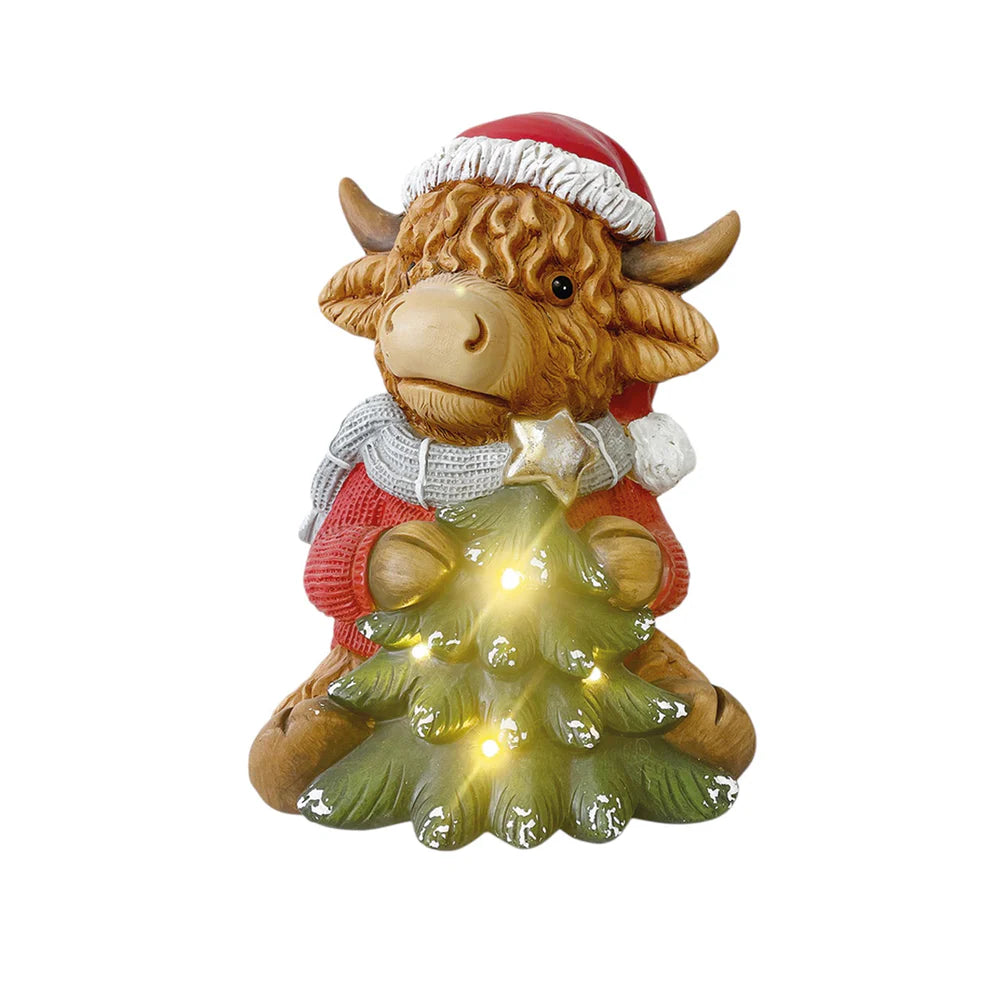 STRAITS LED Highland Cow with a Christmas Tree Figurine 36cm