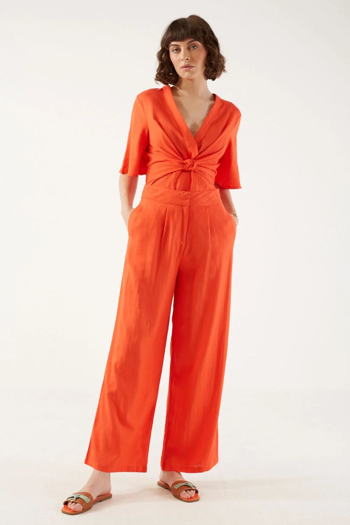 MARC ANGELO Wide Leg Linen Trousers - Orange