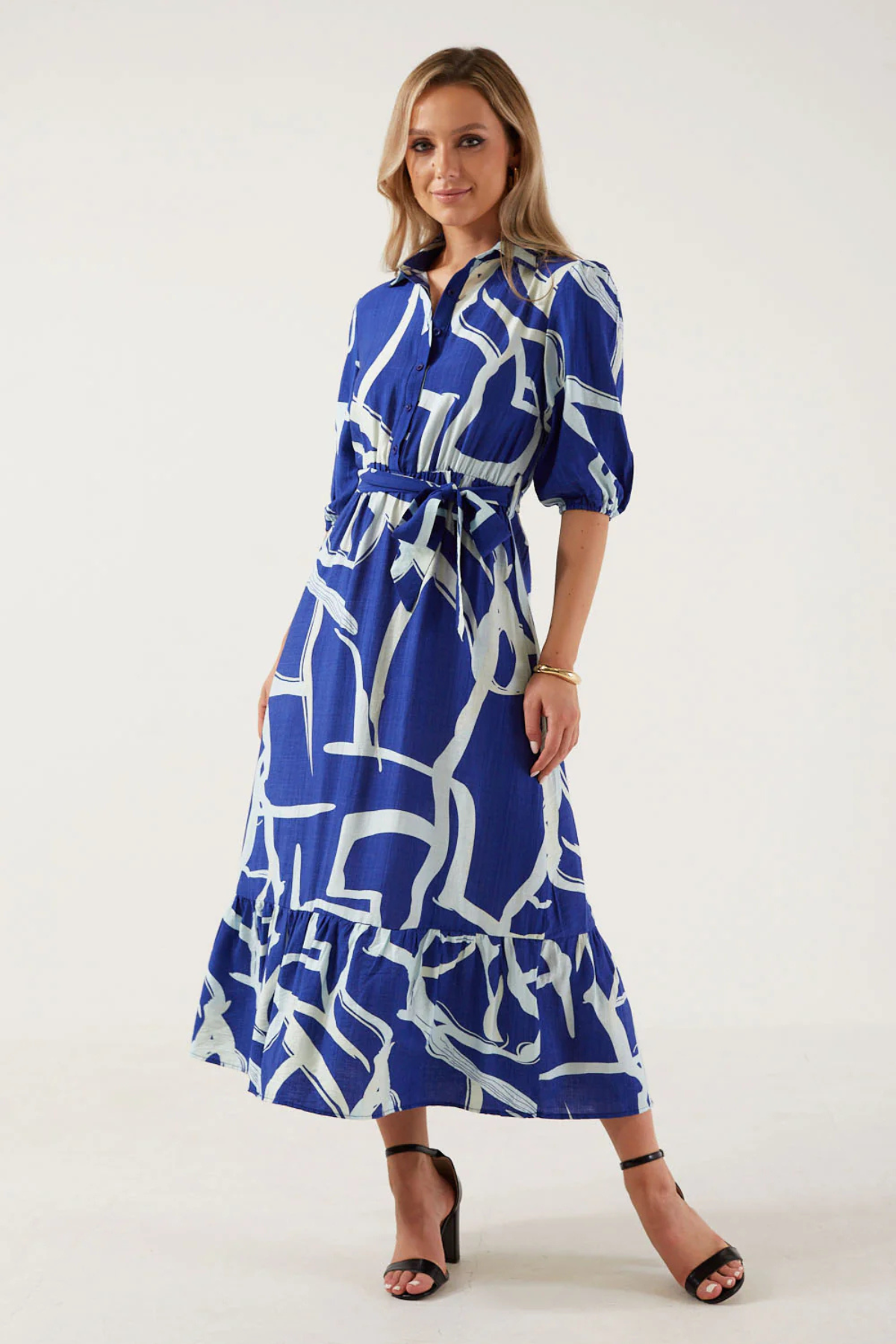MARC ANGELO 3/4 Sleeve Printed Dress - Blue