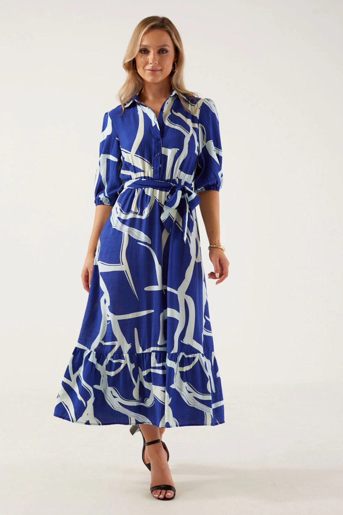 MARC ANGELO 3/4 Sleeve Printed Dress - Blue