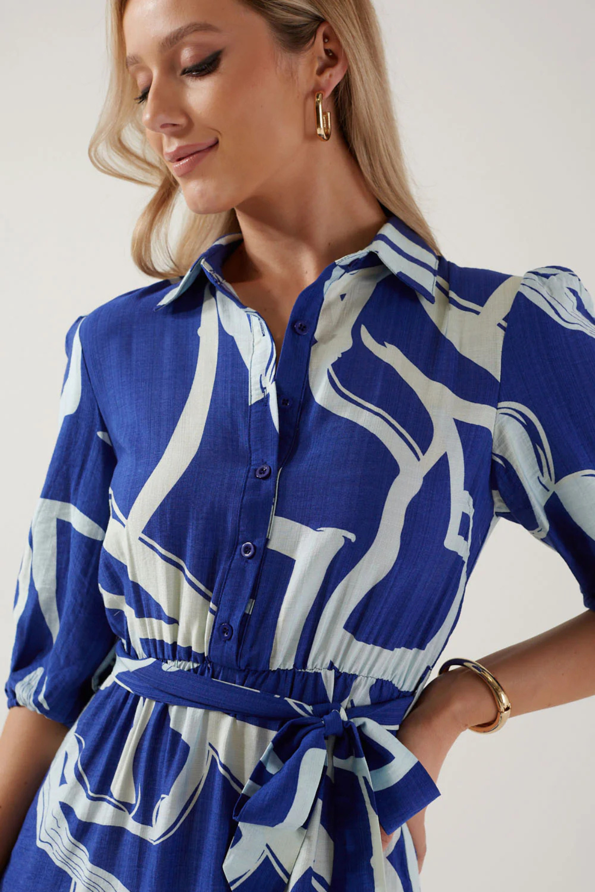 MARC ANGELO 3/4 Sleeve Printed Dress - Blue