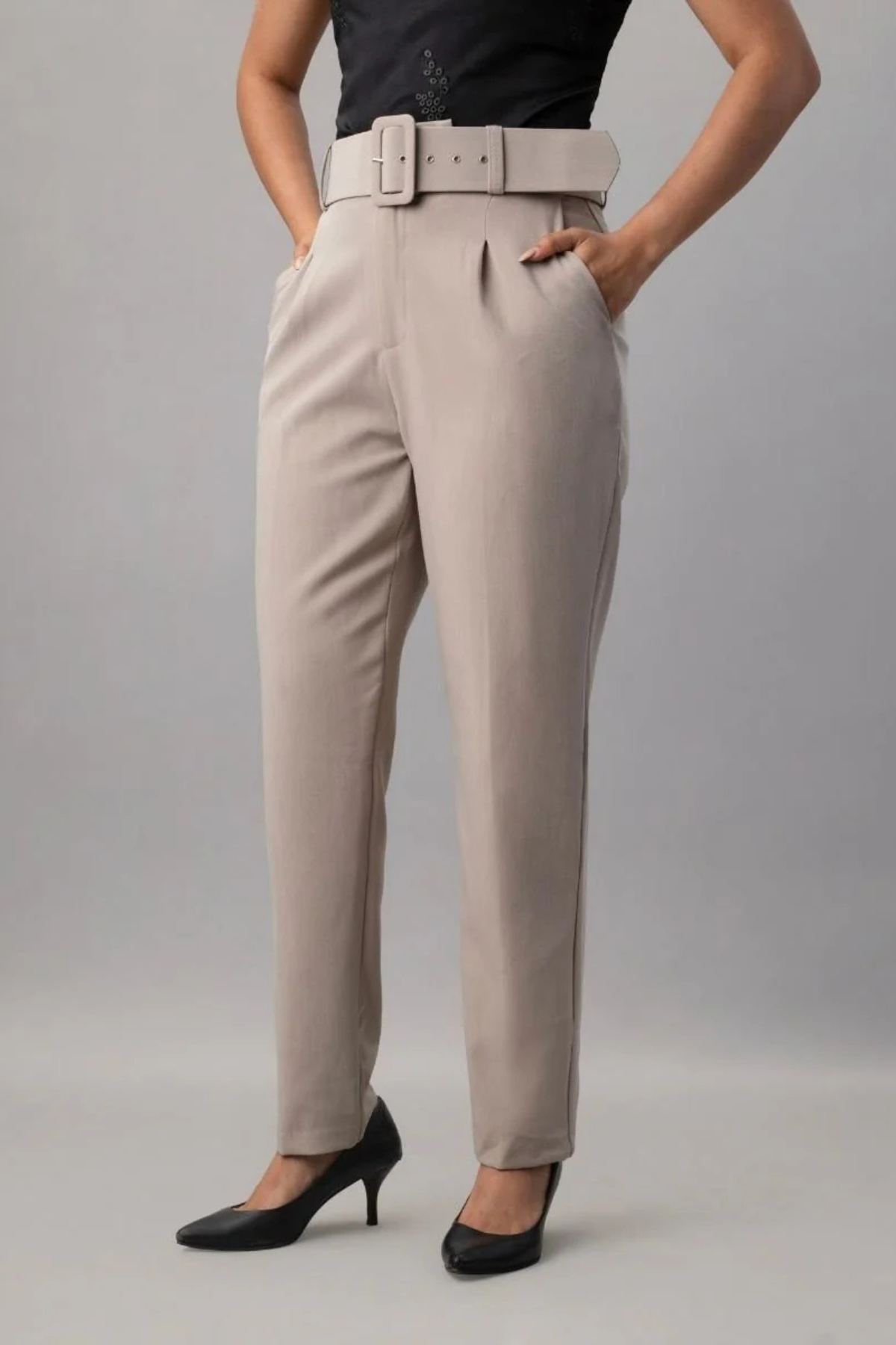 MARC ANGELO Belted Trousers: Cream