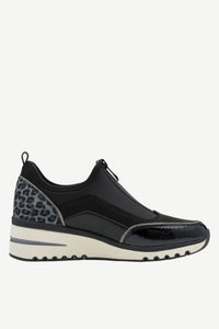 MARCO TOZZI Leopard Detail Zip-Front Wedge Trainers - Black