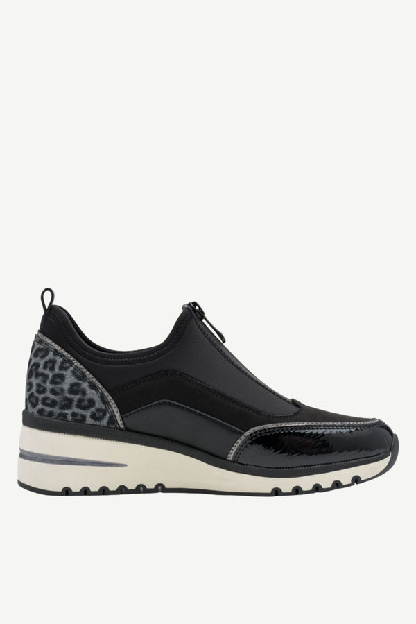 MARCO TOZZI Leopard Detail Zip-Front Wedge Trainers - Black