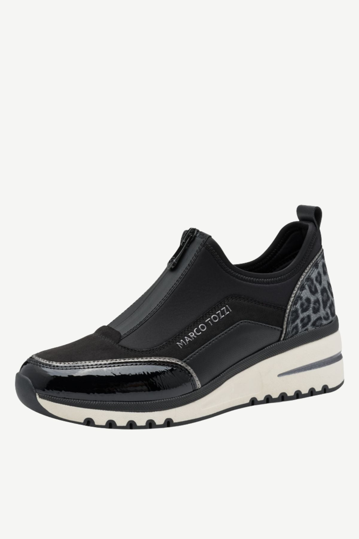 MARCO TOZZI Leopard Detail Zip-Front Wedge Trainers - Black
