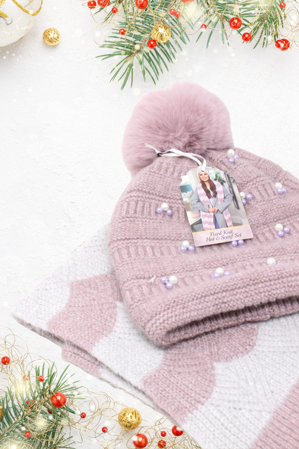SOMETHING SPECIAL Pearl Knit Hat & Scarf Luxury Gift Box - Mauve