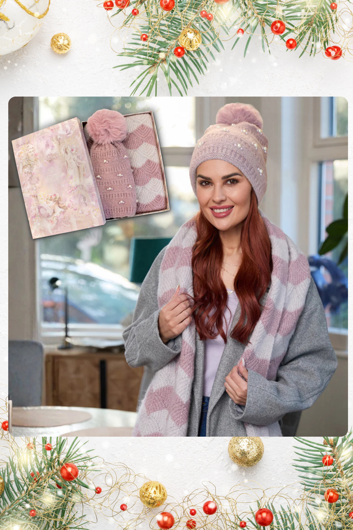 SOMETHING SPECIAL Pearl Knit Hat & Scarf Luxury Gift Box - Mauve