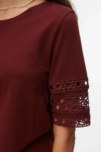 VERO MODA Nancy 2/4 Sleeve T-Shirt - Burgundy