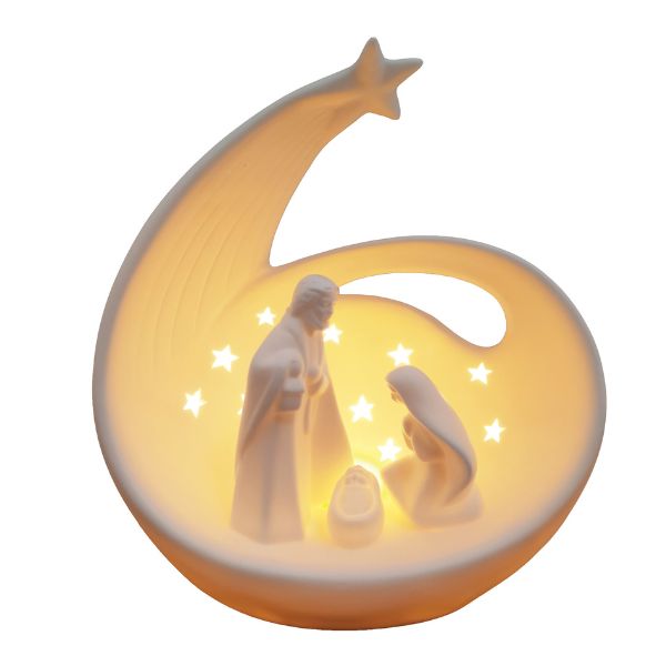 WGP White Ceramic LED Nativity Scene in a Shooting Star 22cm