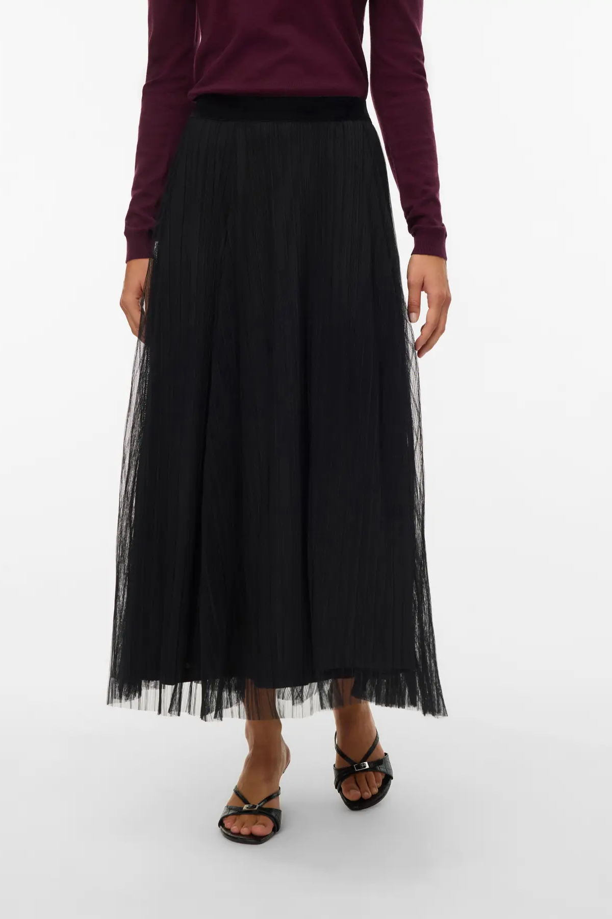 VERO MODA Pearl Mid Waist Long Sheer Skirt - Black