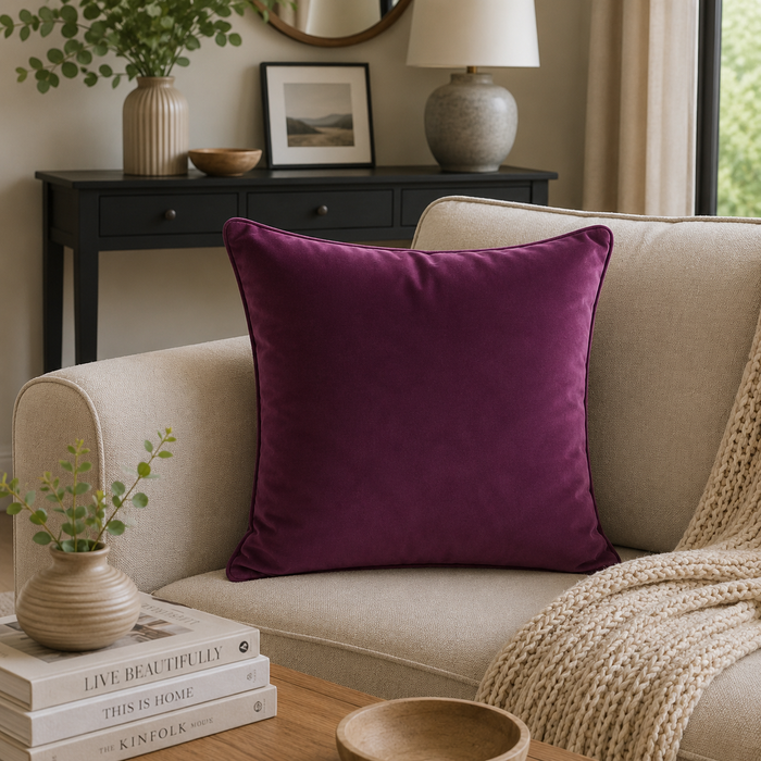 FULLSHIRE Velvet Piped Cushion - Plum 43x43cm