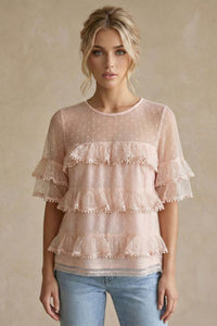 COPE CLOTHING Romantic Ruffled Pom-Pom Top - Pink