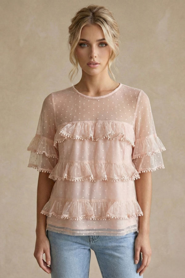 COPE CLOTHING Romantic Ruffled Pom-Pom Top - Pink