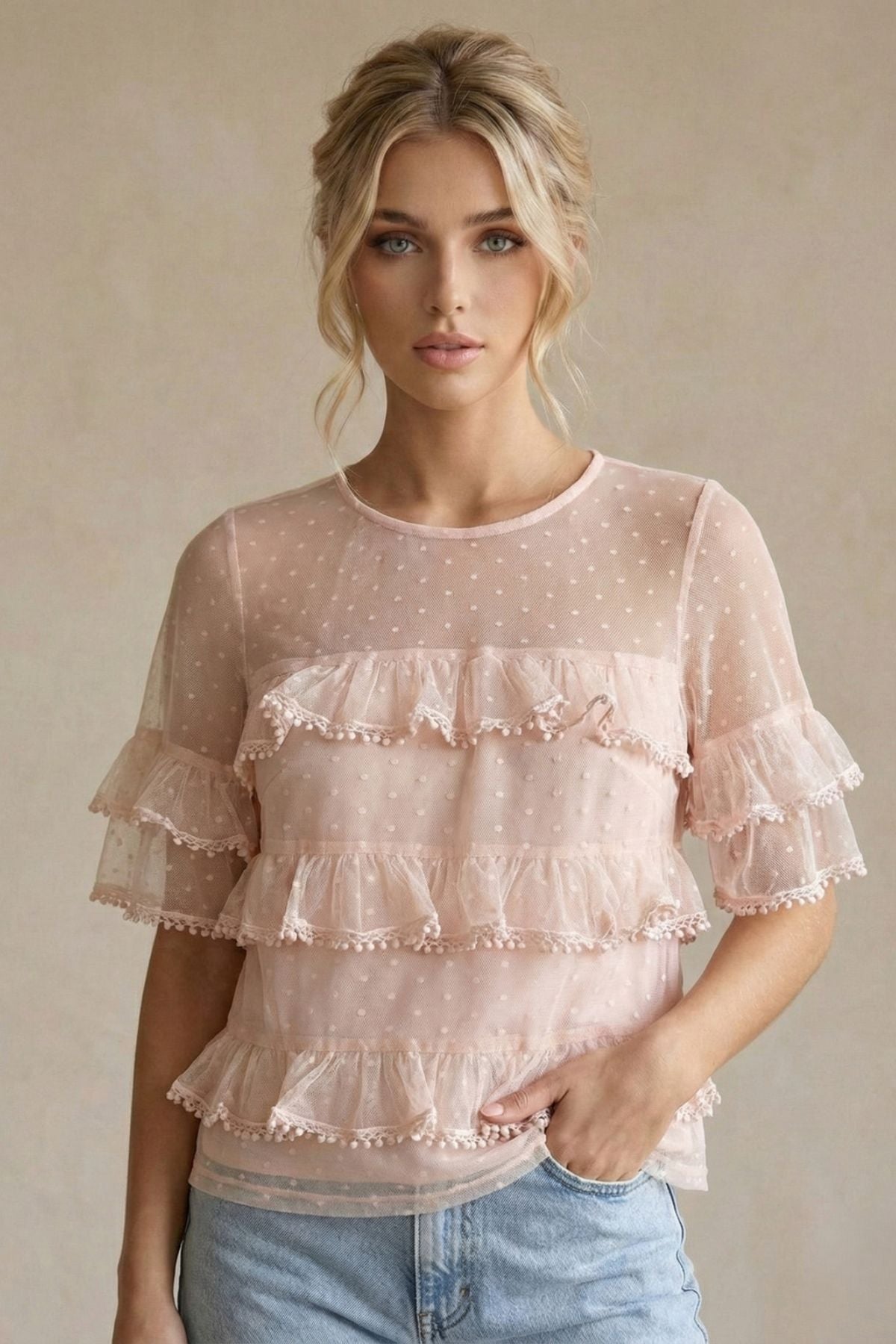 COPE CLOTHING Romantic Ruffled Pom-Pom Top - Pink