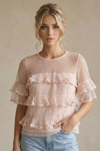 COPE CLOTHING Romantic Ruffled Pom-Pom Top - Pink