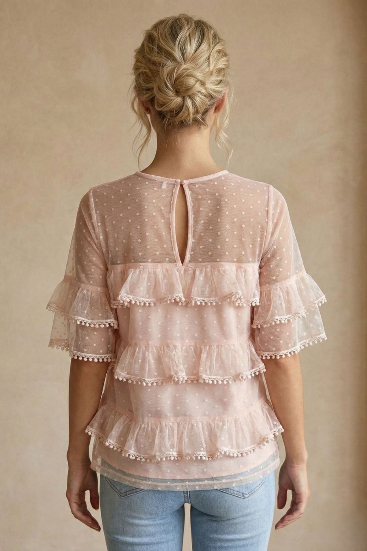 COPE CLOTHING Romantic Ruffled Pom-Pom Top - Pink