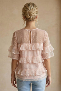 COPE CLOTHING Romantic Ruffled Pom-Pom Top - Pink