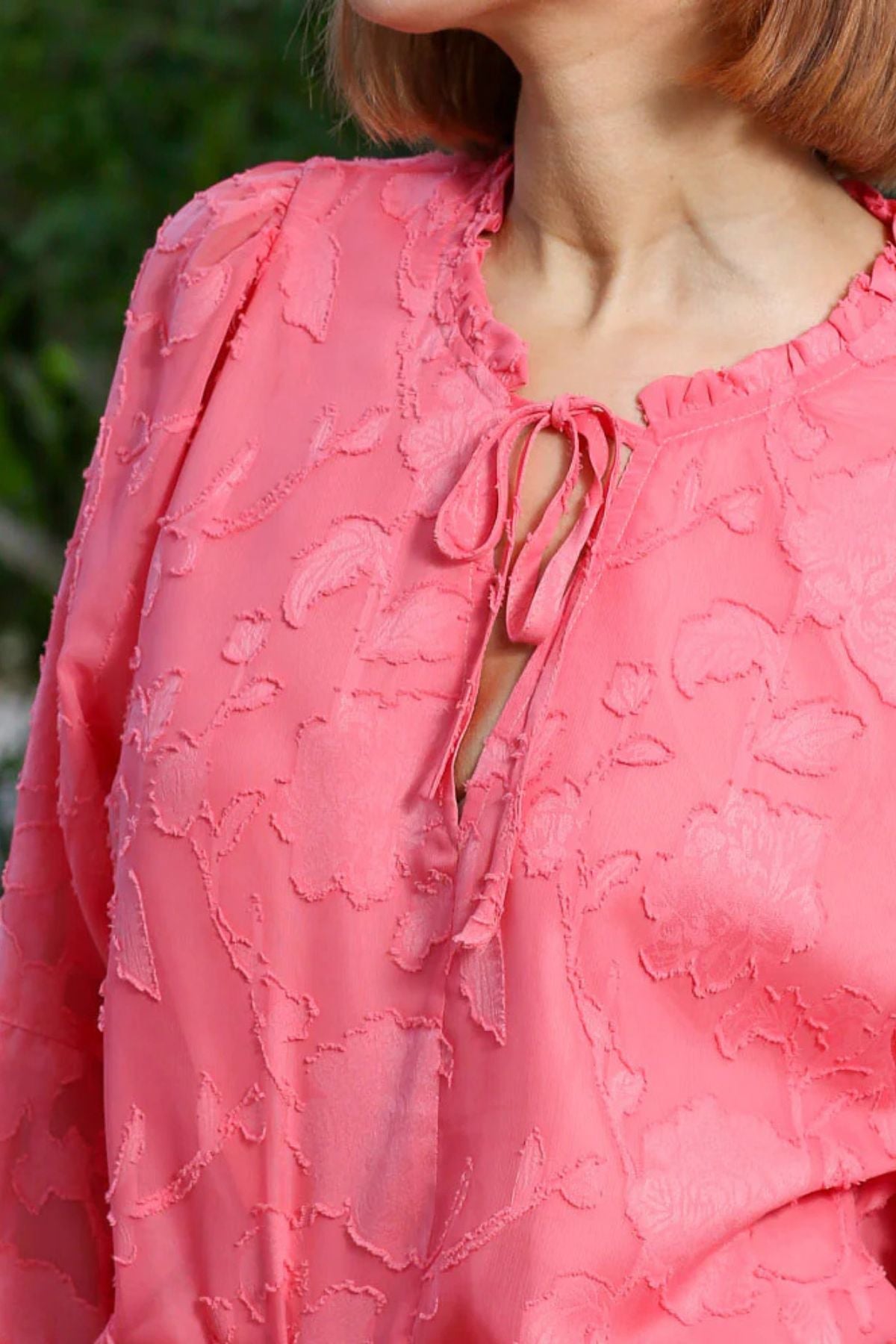 RANT & RAVE Primrose Floral Jacquard Blouse - Coral