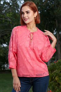 RANT & RAVE Primrose Floral Jacquard Blouse - Coral