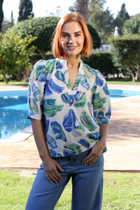 RANT & RAVE East Floral V-Neck Blouse - Blue
