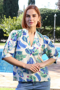 RANT & RAVE East Floral V-Neck Blouse - Blue