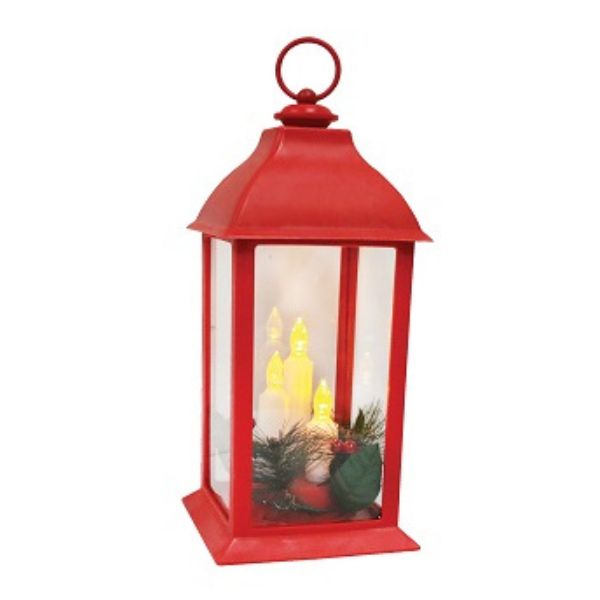 WGP Red Christmas Lantern with LED Candles & Festive Greenery 33cm