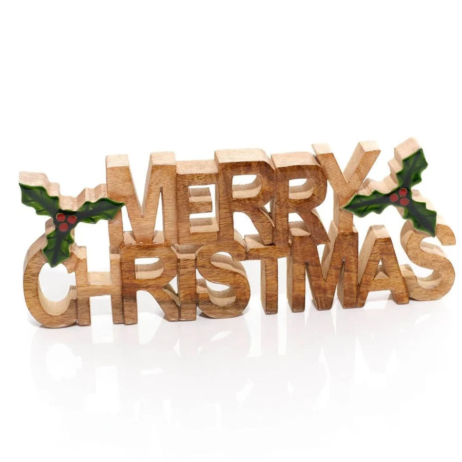 LANGS Christmas Holly Mango Wood Merry Christmas Block 14x35cm