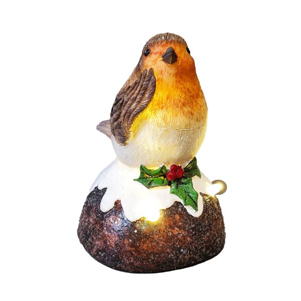 WGP Robin on Christmas Pudding LED Figurine 10cm
