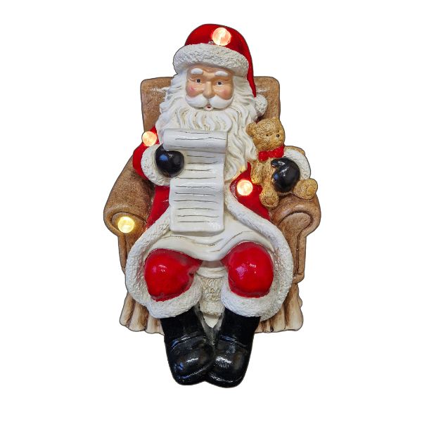 WGP Light-Up Santa in Armchair Ornament with Teddy Bear 35cm