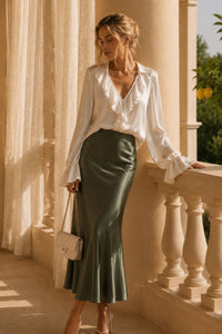 COPE CLOTHING Flowy Satin Long Skirt - Khaki