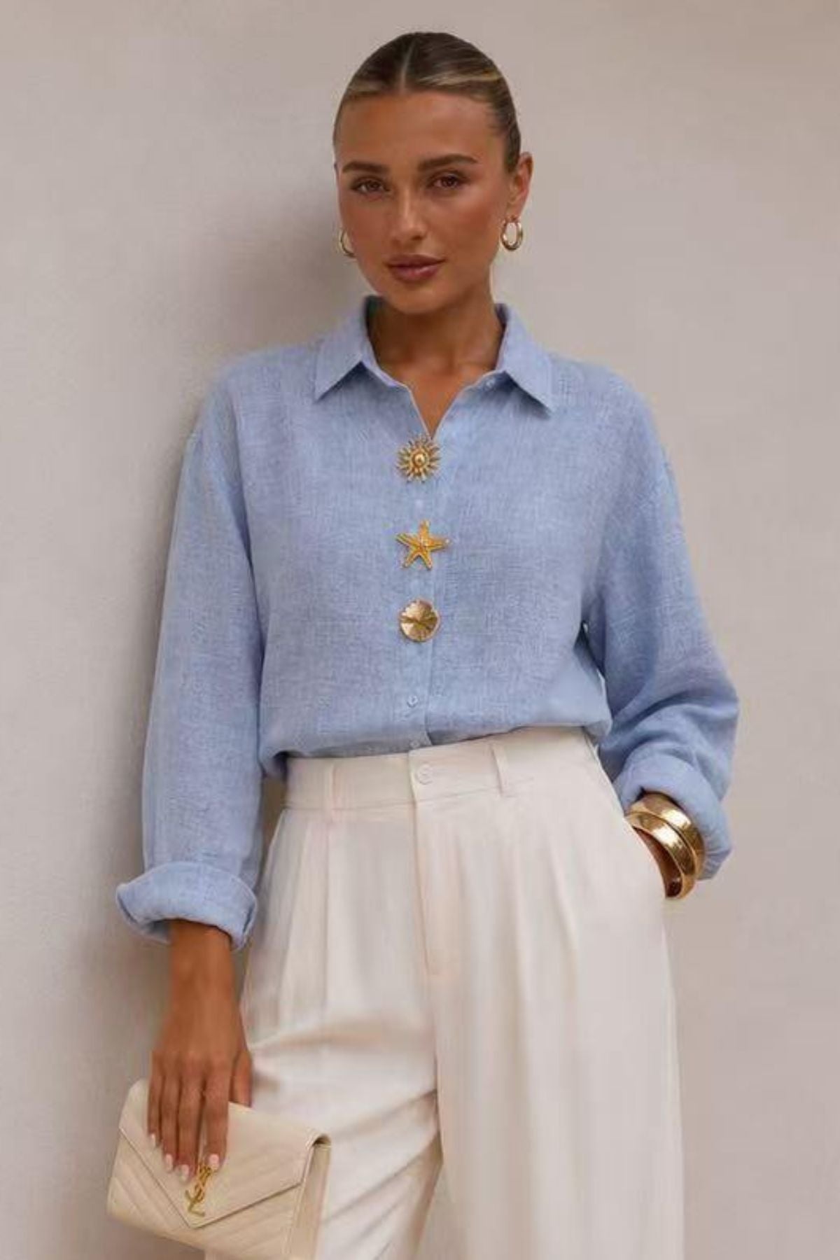 COPE CLOTHING Seaside Gold Buttons LS Linen Shirt - Blue