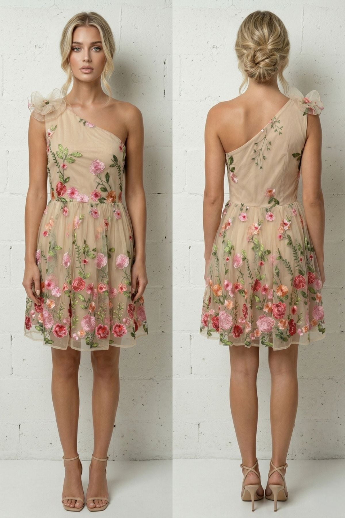 COPE CLOTHING Floral Embroidered One Shoulder Short Tulle Dress