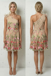 COPE CLOTHING Floral Embroidered One Shoulder Short Tulle Dress