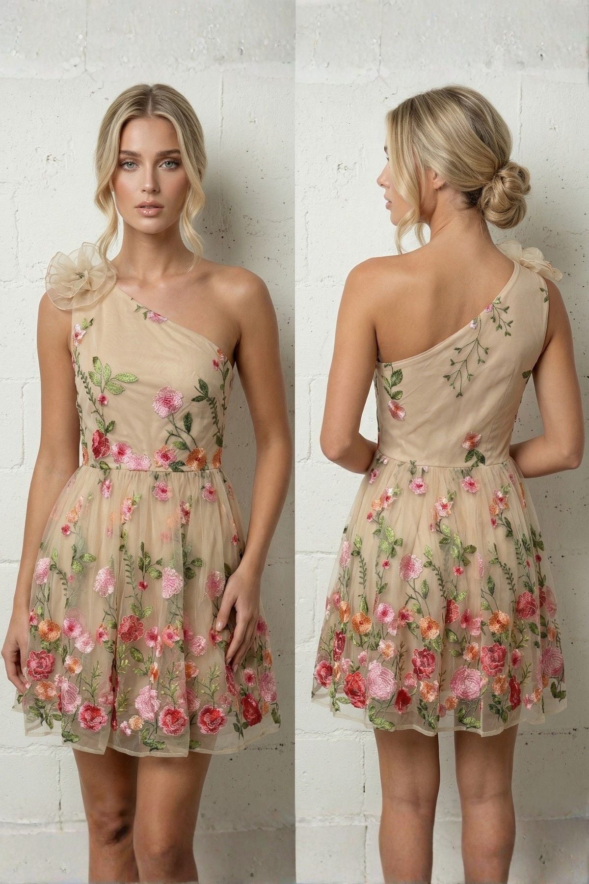 COPE CLOTHING Floral Embroidered One Shoulder Short Tulle Dress