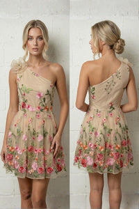 COPE CLOTHING Floral Embroidered One Shoulder Short Tulle Dress