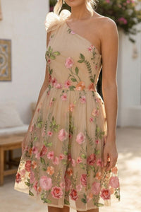 COPE CLOTHING Floral Embroidered One Shoulder Short Tulle Dress