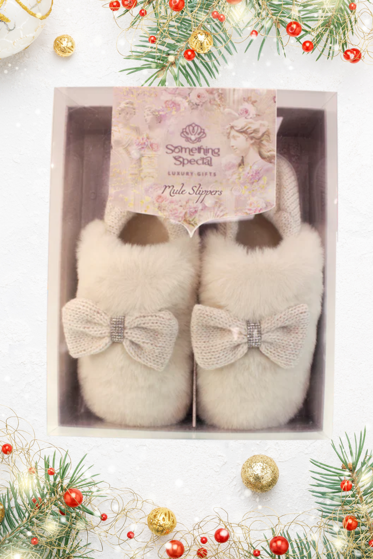 SOMETHING SPECIAL Luxury Soft Knit & Plush Bow Slippers Gift Box - Cream