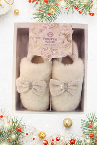SOMETHING SPECIAL Luxury Soft Knit & Plush Bow Slippers Gift Box - Cream