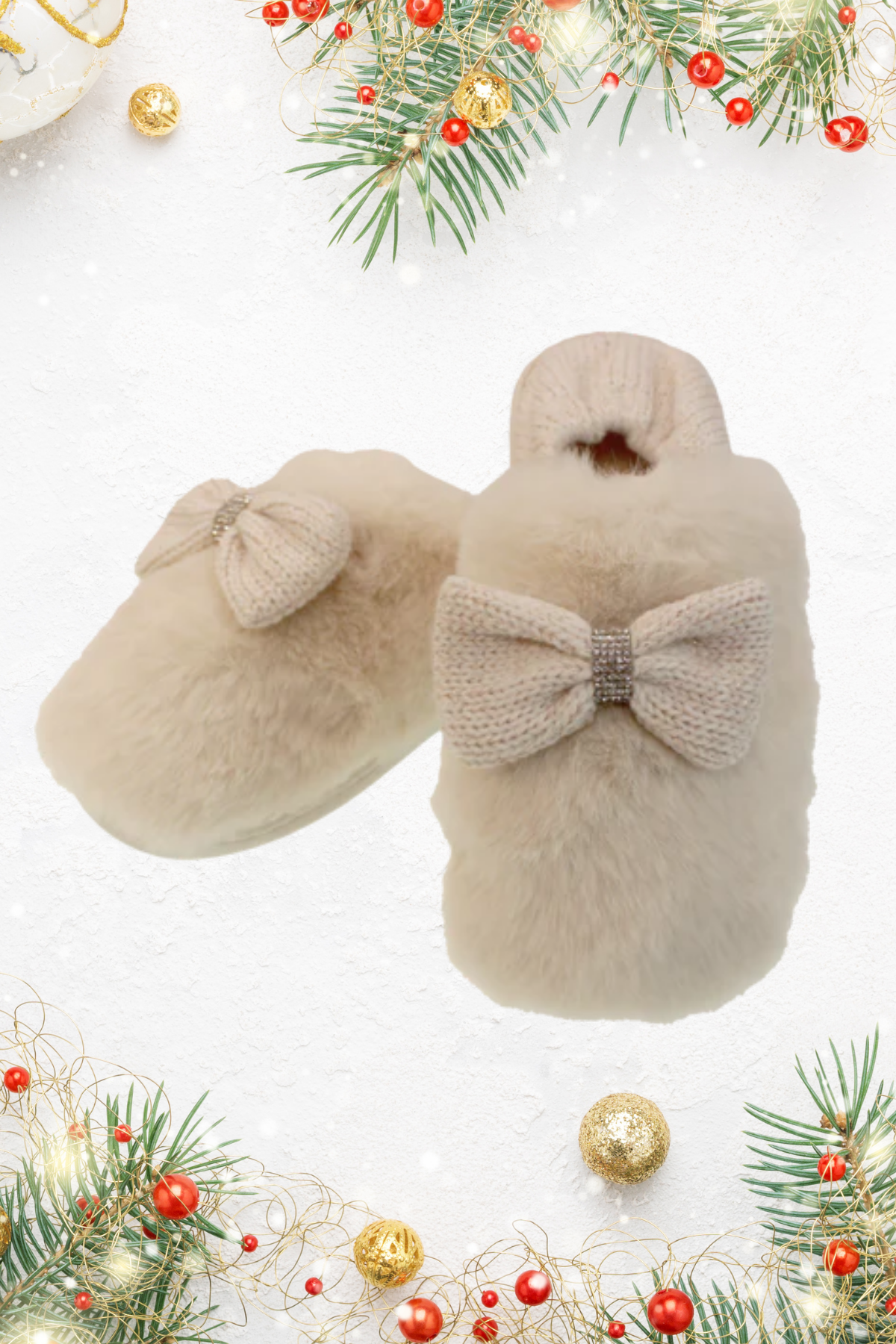 SOMETHING SPECIAL Luxury Soft Knit & Plush Bow Slippers Gift Box - Cream