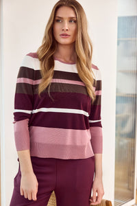 SUNDAY Striped Round Neck Jumper - Plum
