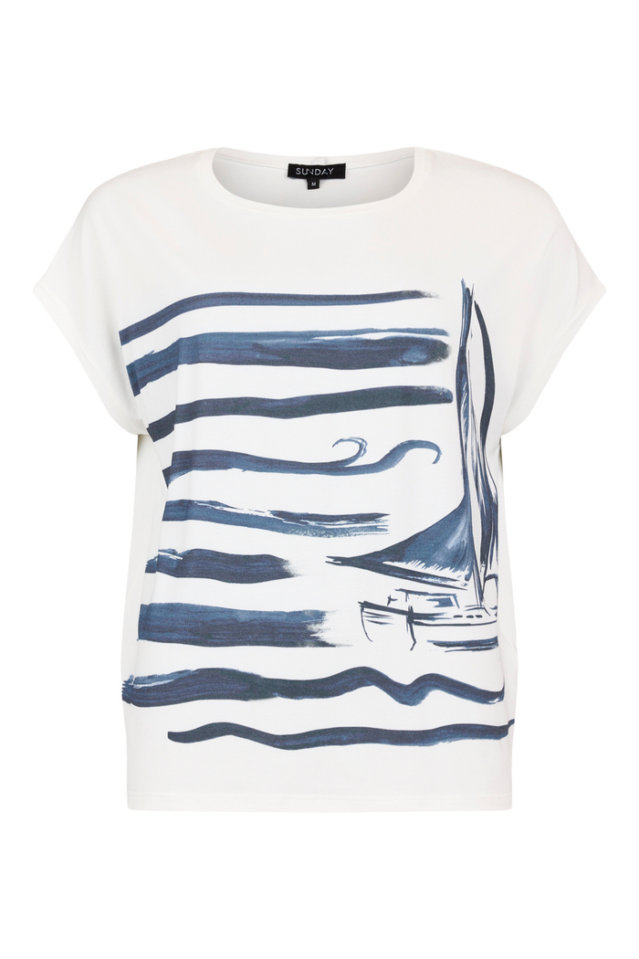 SUNDAY Marine Print T-Shirt - White/Navy