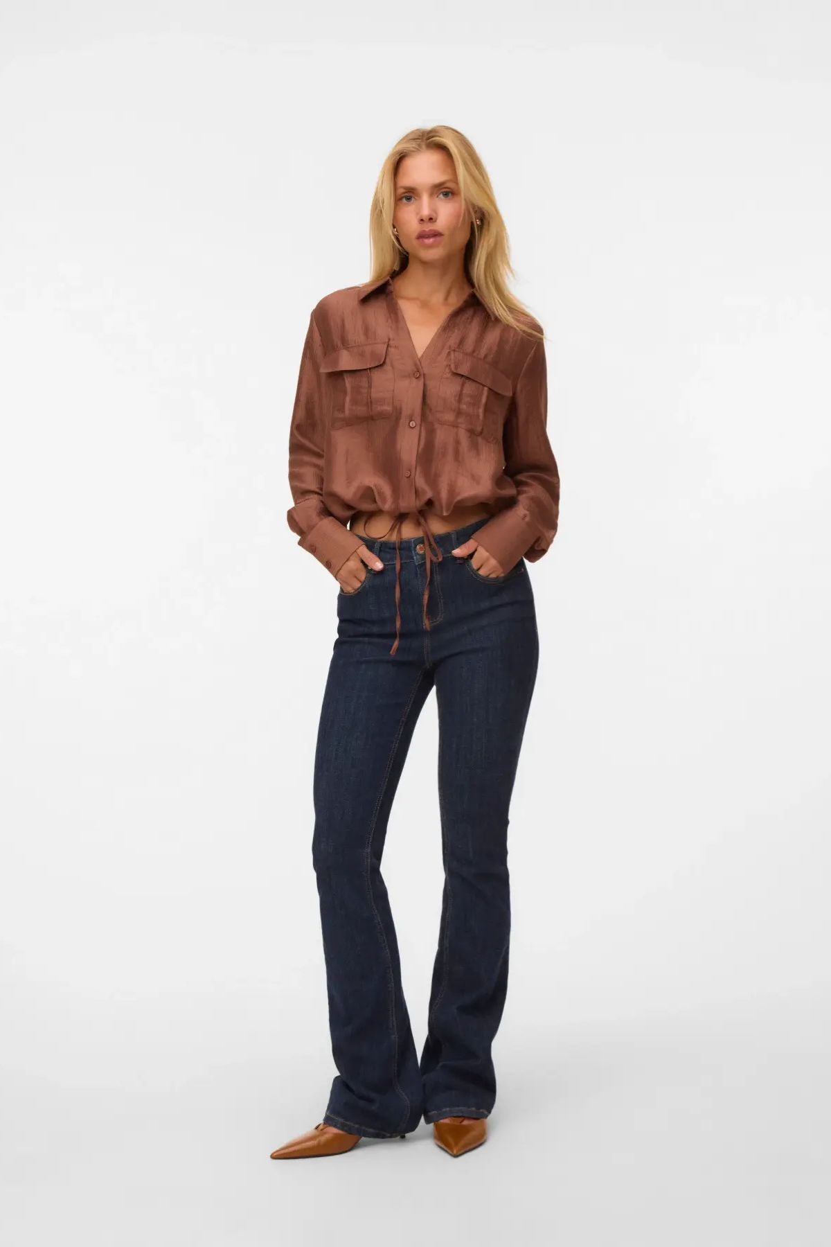 VERO MODA Toma Long Sleeve Tie Shirt - Brown