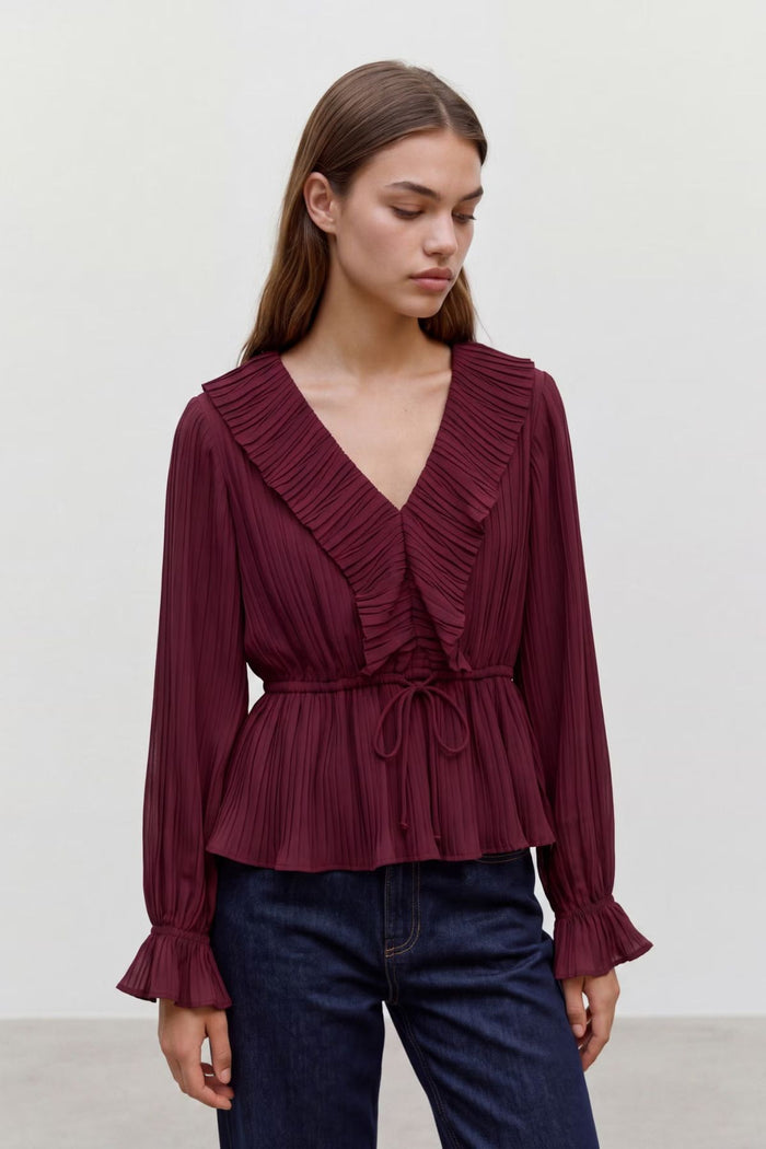 VERO MODA Dora Frill Pleat Blouse - Wine
